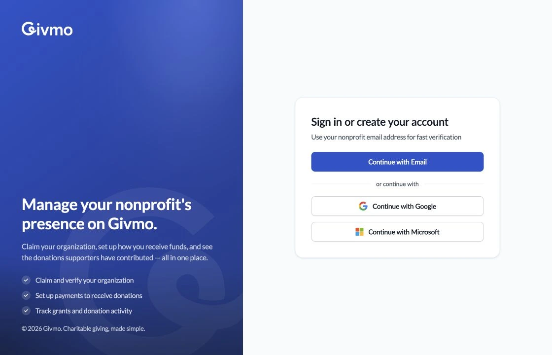 Givmo’s branded account-entry screen, with options to continue using email, Google, or Microsoft.